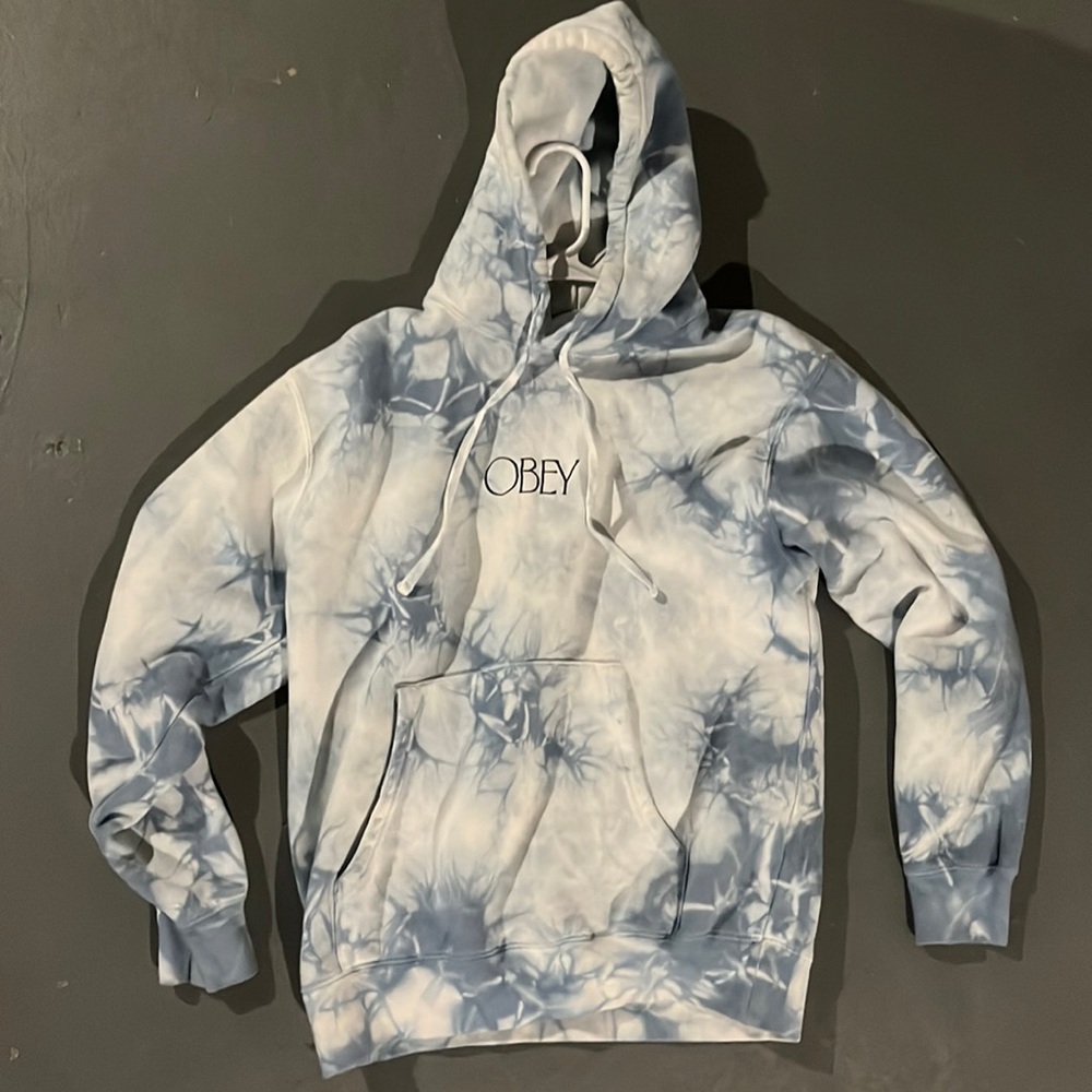 (S) Obey Hoodie tie-dye blue and white with Obey emblem on front